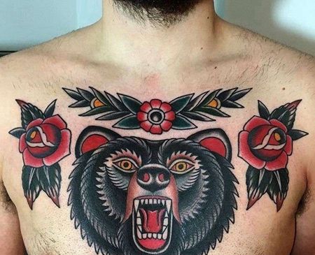Old School前胸熊玫瑰纹身图案
