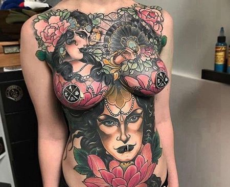 Old School前胸腹部女人纹身图案