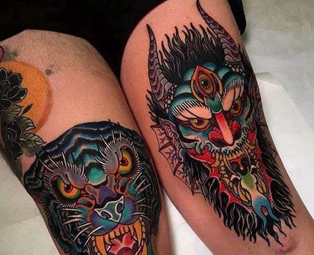 Old School膝盖恶魔老虎纹身图案