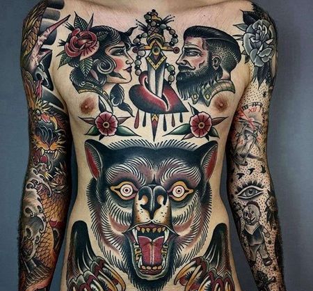 Old School腹部熊纹身图案