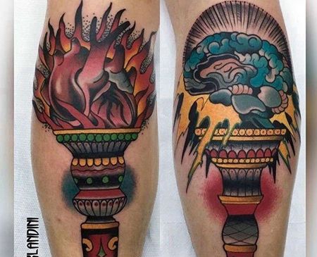 Old School小腿心脏大脑纹身图案