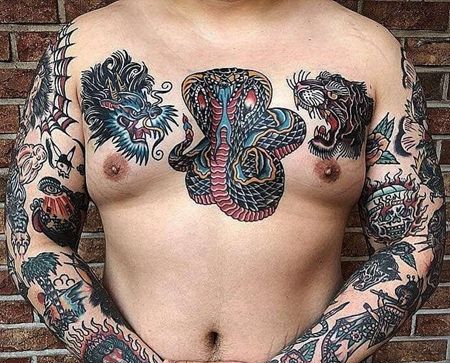 Old School前胸老虎龙蛇纹身图案