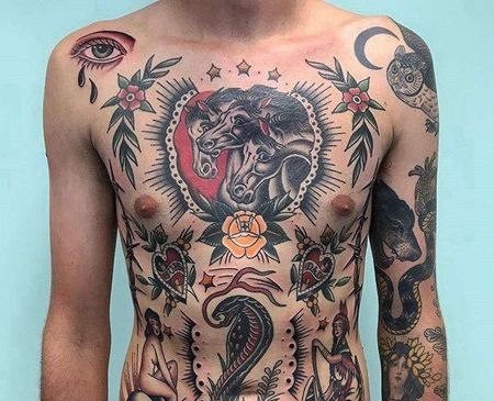 Old School腹部蛇女人纹身图案