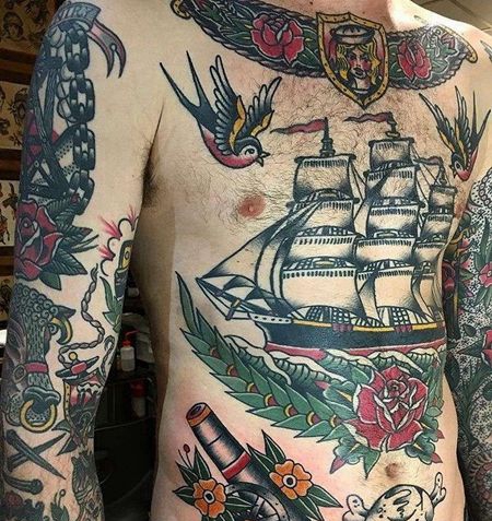 Old School腹部帆船骷髅大炮纹身图案