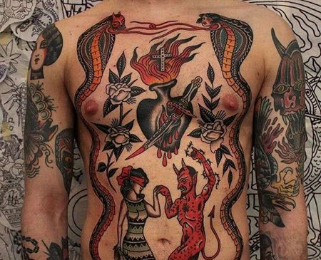 Old School前胸肚子蛇心恶魔女人纹身图案