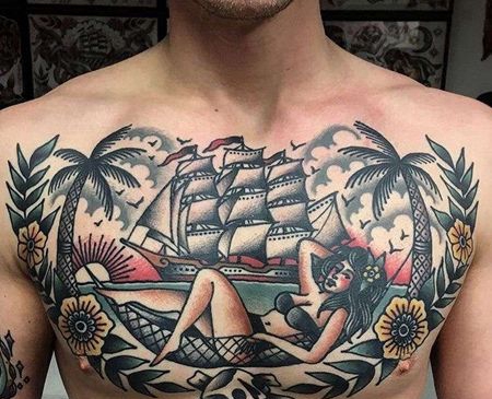 Old School前胸帆船女人纹身图案