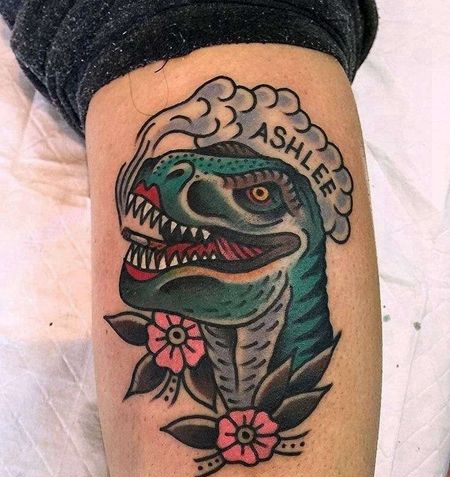 Old School小腿恐龙纹身图案
