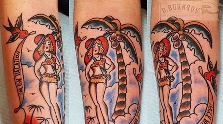 Old School小臂椰子树女人纹身图案