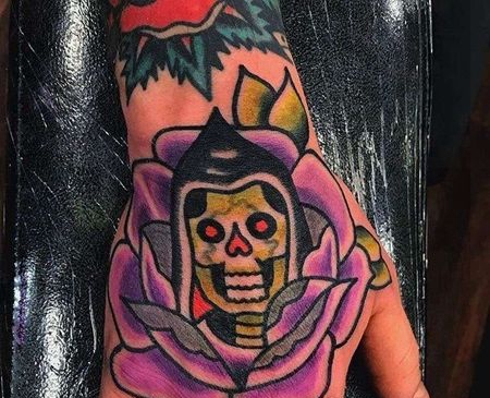 Old School手背骷髅玫瑰纹身图案