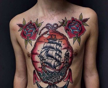Old School前胸腹部玫瑰船锚纹身图案