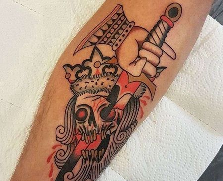 Old School小腿手匕首骷髅纹身图案