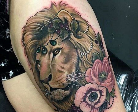 New School大腿狮子花卉纹身图案