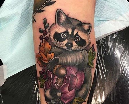 New School小腿玫瑰浣熊纹身图案