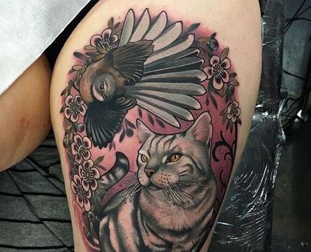 New School大腿猫鸟纹身图案