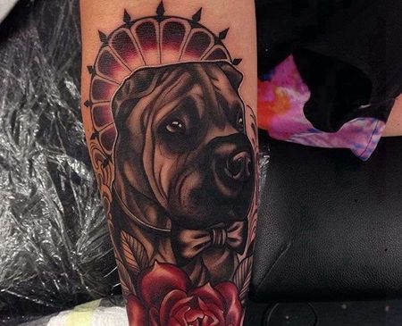 New School小臂狗玫瑰纹身图案