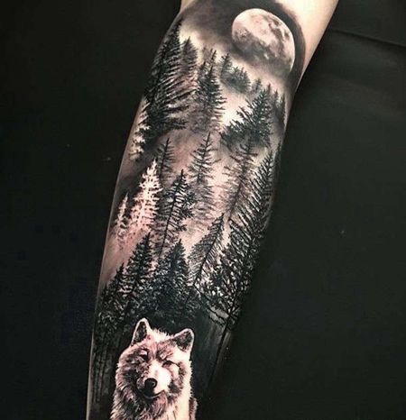 写实小臂狼树纹身图案