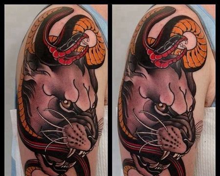 New School大臂豹子蛇纹身图案