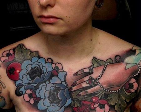 New School前胸手花卉纹身图案