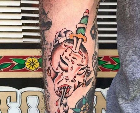 Old School小腿人头匕首纹身图案