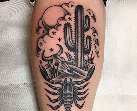 Old School小腿蝎子仙人掌纹身图案