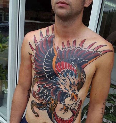 Old School前胸肚子老鹰蛇纹身图案