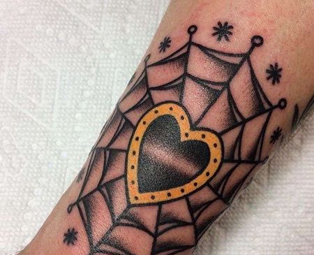 Old School小臂蜘蛛网心纹身图案
