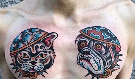 Old School前胸猫狗纹身图案