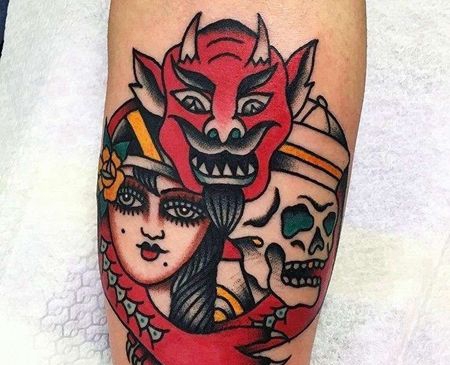 Old School小腿女人恶魔骷髅纹身图案