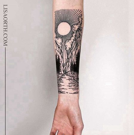 线条小臂风景纹身图案