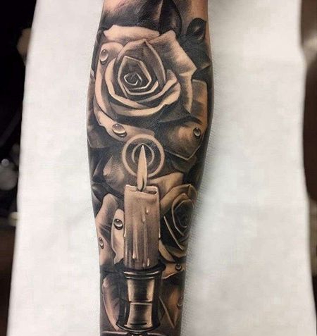 写实小臂蜡烛玫瑰纹身图案