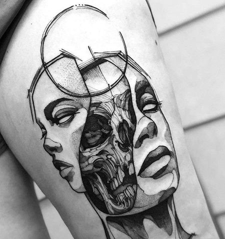 点线小臂女人骷髅纹身图案