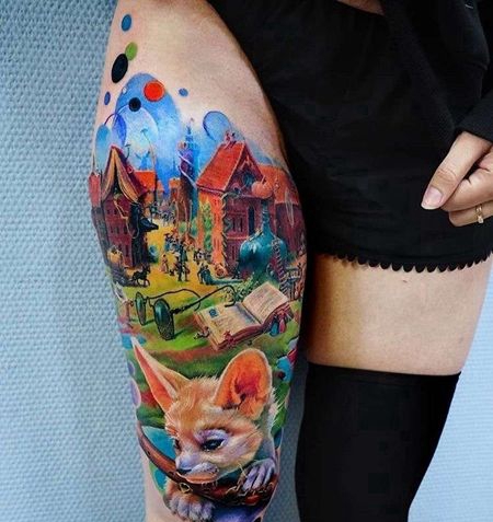 写实大腿狐狸风景纹身图案