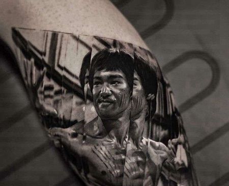 写实小腿李小龙纹身图案