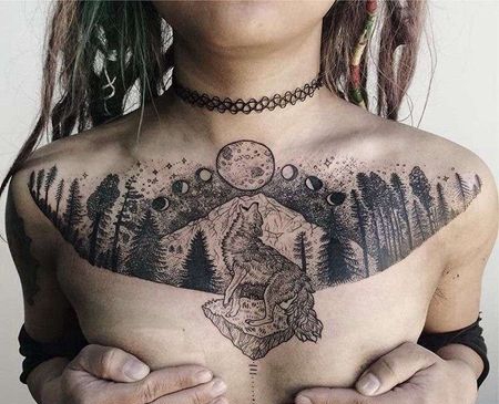 点线前胸狼树林山纹身图案