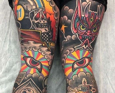 Old School大腿骷髅恶魔眼睛纹身图案