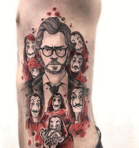 点线侧腰人像纹身图案