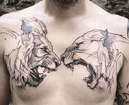 线条前胸老虎狮子纹身图案