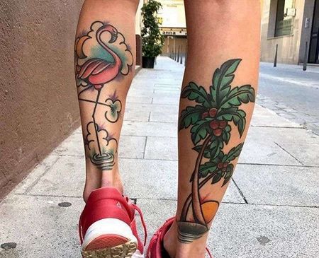 Old School小腿火烈鸟椰子树纹身图案