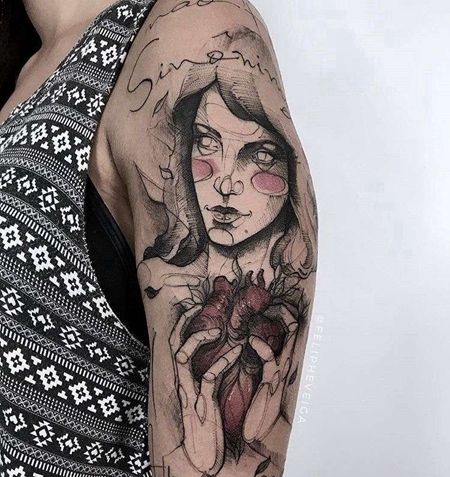 点线大臂女人心脏纹身图案