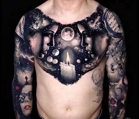 写实前胸女人蜡烛纹身图案