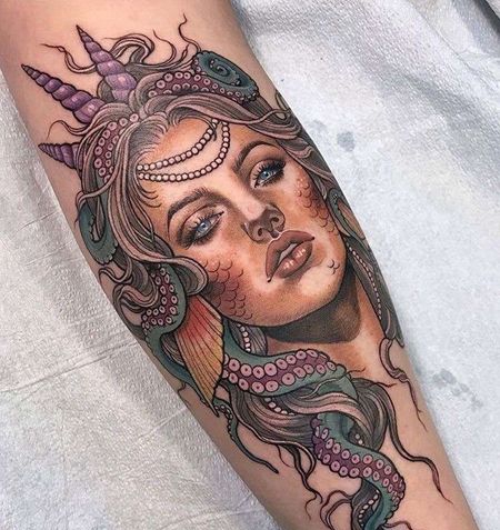 New School小腿女人章鱼纹身图案