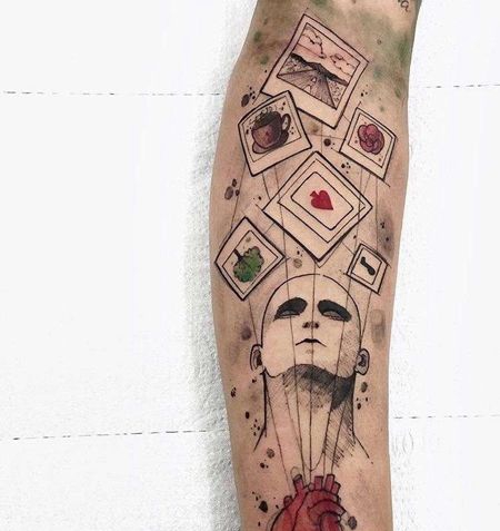 点线小臂人像心脏纹身图案