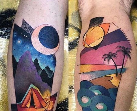 水彩小腿风景纹身图案