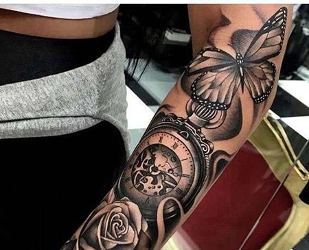 写实小臂玫瑰钟表蝴蝶纹身图案