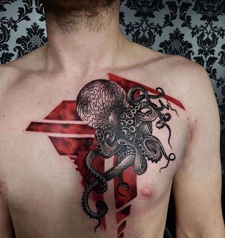 点刺前胸章鱼纹身图案