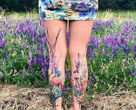 泼墨水彩小腿花卉纹身图案