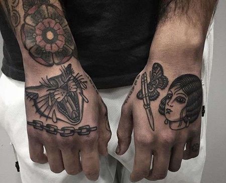 Old School手背女人豹子纹身图案