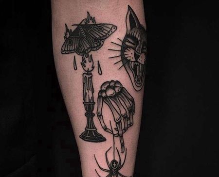 Old School小腿骷髅蜡烛蝴蝶纹身图案