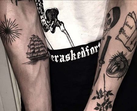 Old School胳膊太阳帆船纹身图案