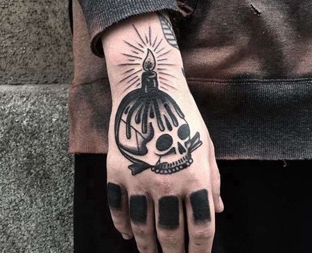 Old School手背骷髅蜡烛纹身图案